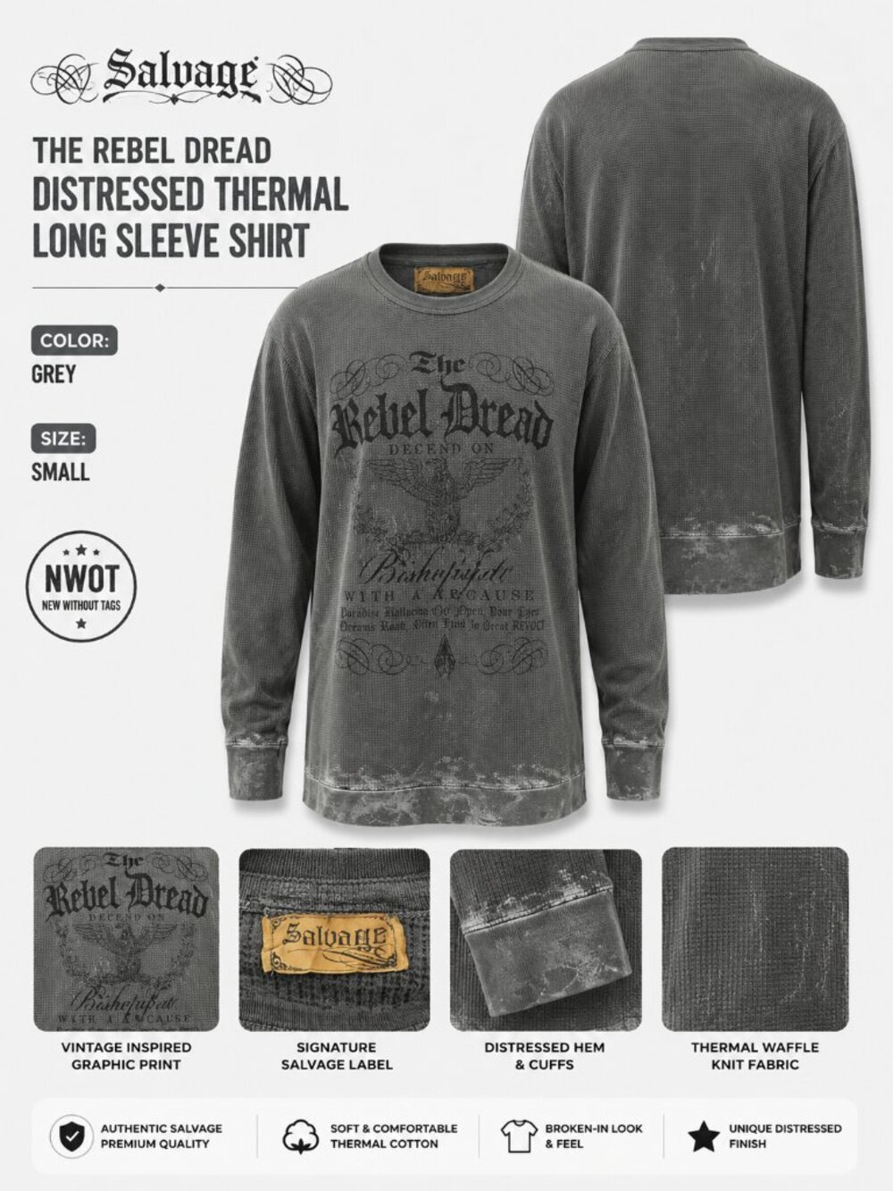 NWOT Salvage The Rebel Dread Thermal Shirt Grey Men's Size S